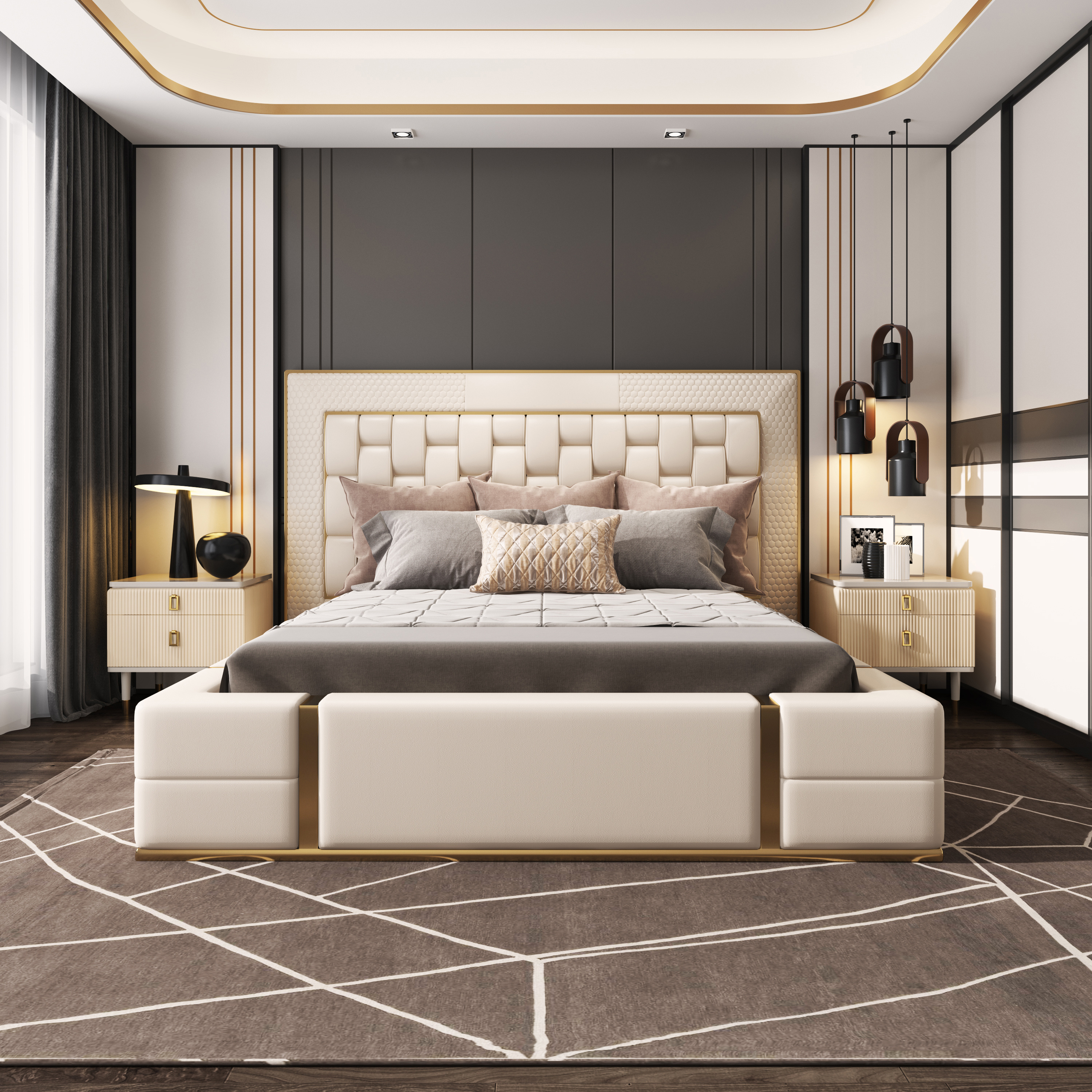 Foshan Furniture wholesale nordic bedroom room bed design furniture luxury wooden leather double king size bed set furniture