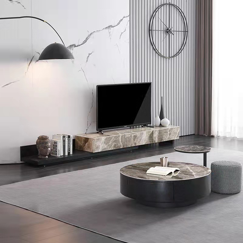 Modern size round coffee table set with stool, wooden rock slab Retractable marble coffee table TV cabinet