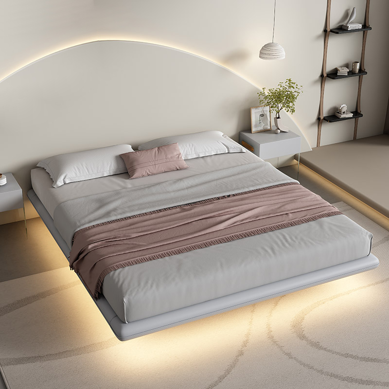 Modern Minimalist Floating Bed Frame in Leather Double Queen King Size with Storage Light Solid Wood Panel Style