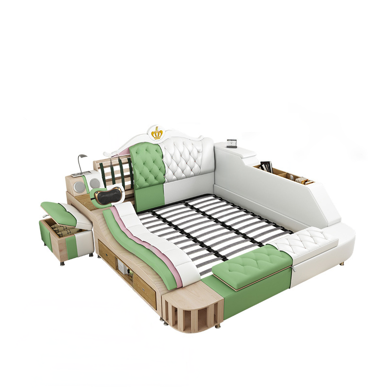 2024 multifunctional smart bed leather king size bed frame with wireless charger massage bedroom furniture set with storage