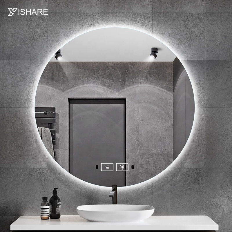 Yishare Factory Direct Sell Hotel Home Decoration Backlit Round Wall Mounted Toilet Mirror Bath Light Smart Led Mirror Bathroom