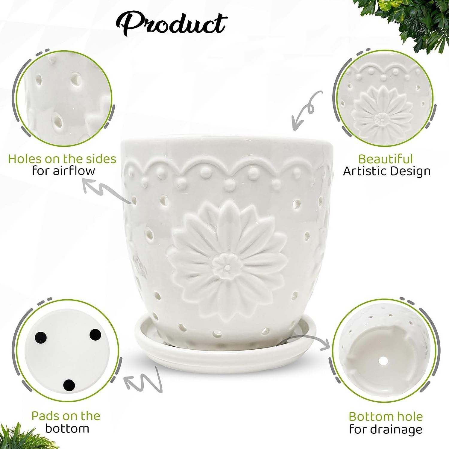 5inch Ceramic Orchid Pot with Holes for Repotting Pure White Glaze Plant Pots and Saucer Air Plants Indoor Outdoor Planters