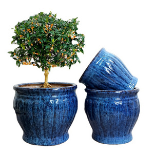 Planter Reactive Blue Glazed Flower Pots Set of 3 Giant Plants Big Ceramic for Outdoor Home Garden Contemporary Custom Designs