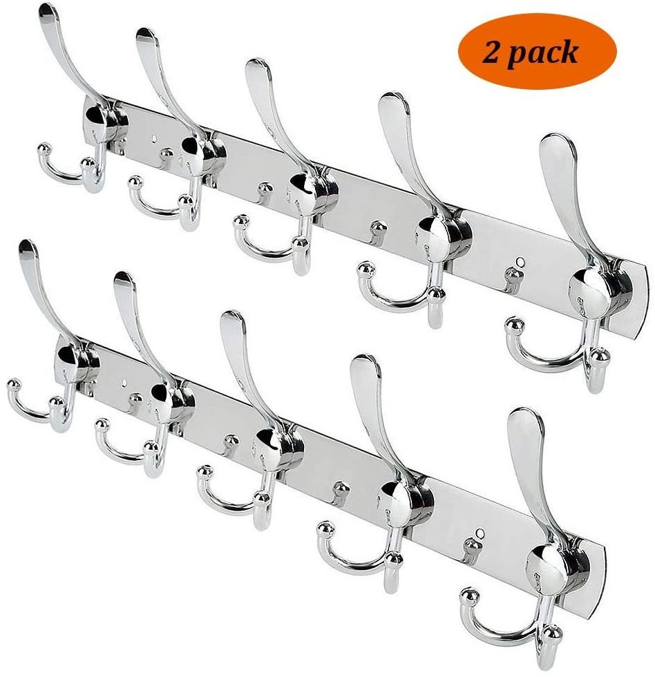 Metal Wall Mounted Coat Rack 5 Tri-Hooks Stainless Steel Towel Shelf for Bathroom Living Room