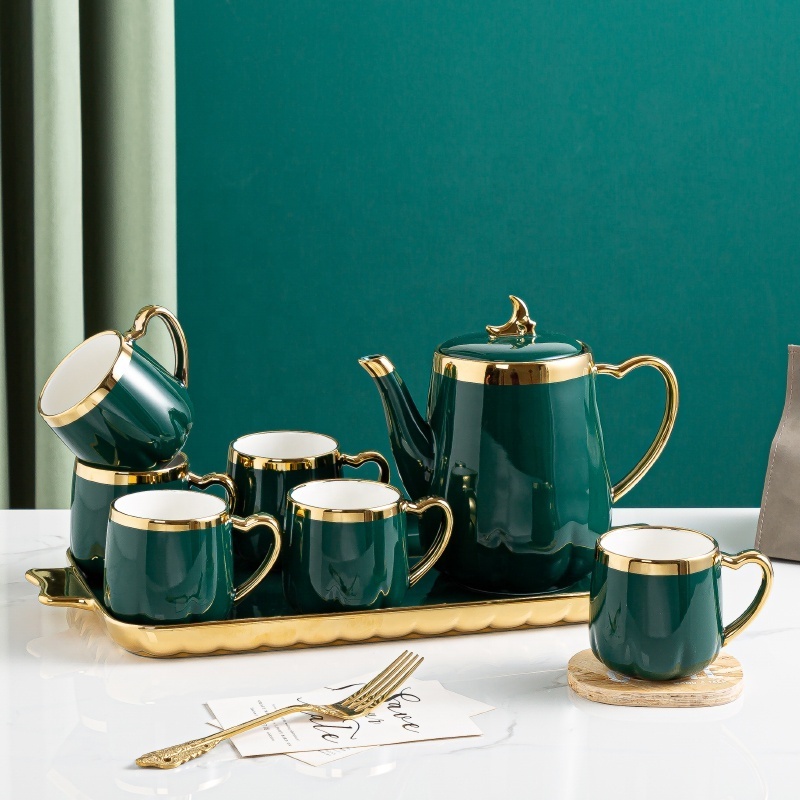 Retro Ceramic Teacup Teapot Set Emerald Green Ceramic Coffee Cups Set with Tray and Pot Exquisite Glazed Gold Rim for 6 Person