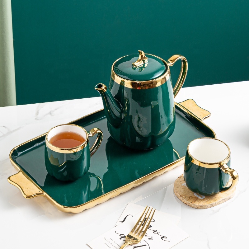 Retro Ceramic Teacup Teapot Set Emerald Green Ceramic Coffee Cups Set with Tray and Pot Exquisite Glazed Gold Rim for 6 Person