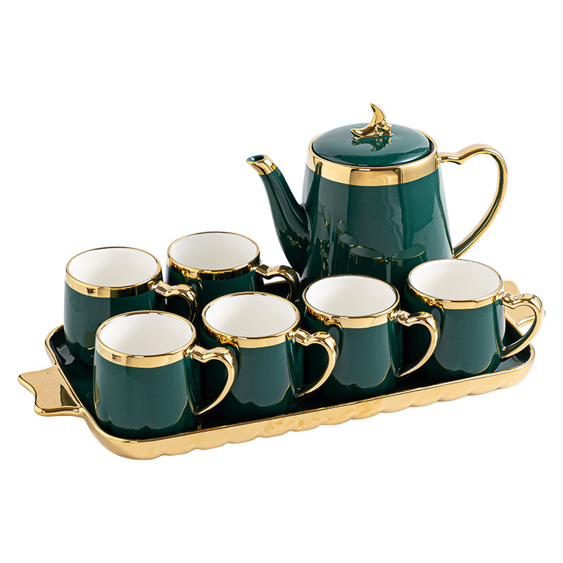 Retro Ceramic Teacup Teapot Set Emerald Green Ceramic Coffee Cups Set with Tray and Pot Exquisite Glazed Gold Rim for 6 Person