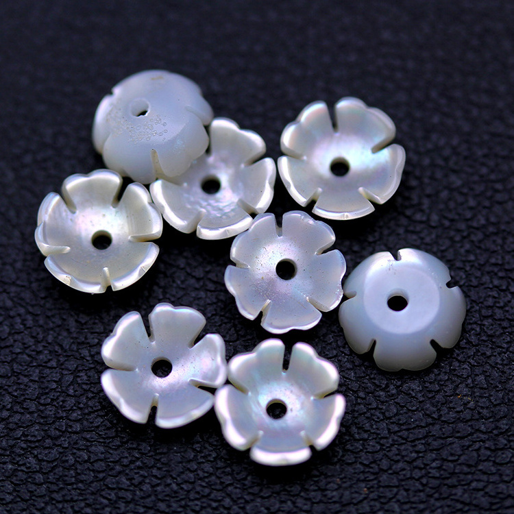 China Wholesale Fashion Jewelry Drill Hole White Mother of Pearl Shell Carved 6.50MM Flower Gemstone Beads for Bracelet Making