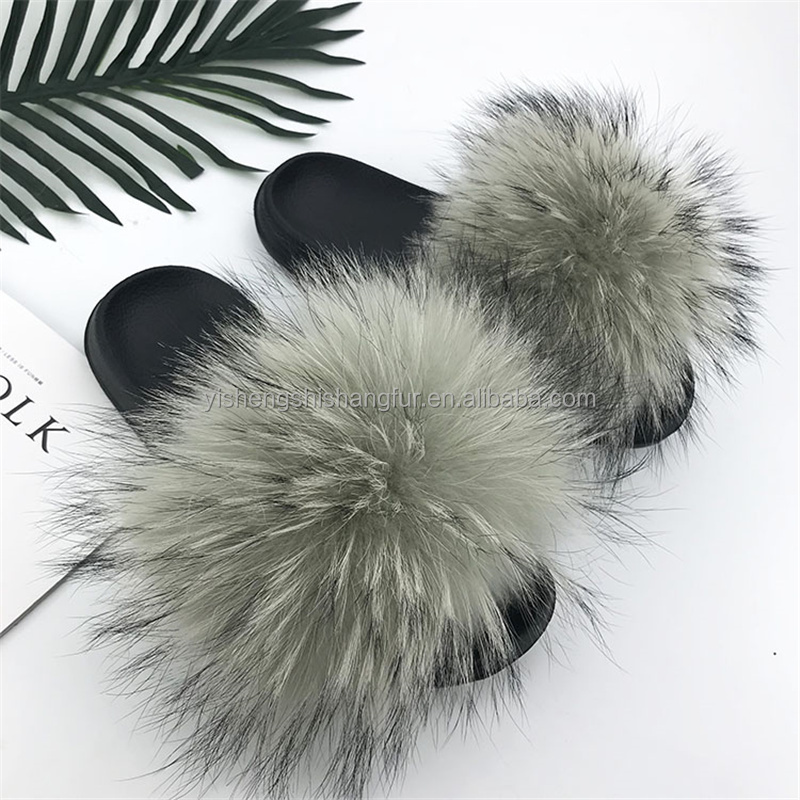 Women Large Raccoon Fur Slides Custom Extra Fluffy Full Fox Fur Slippers Natural Big Fur Slides