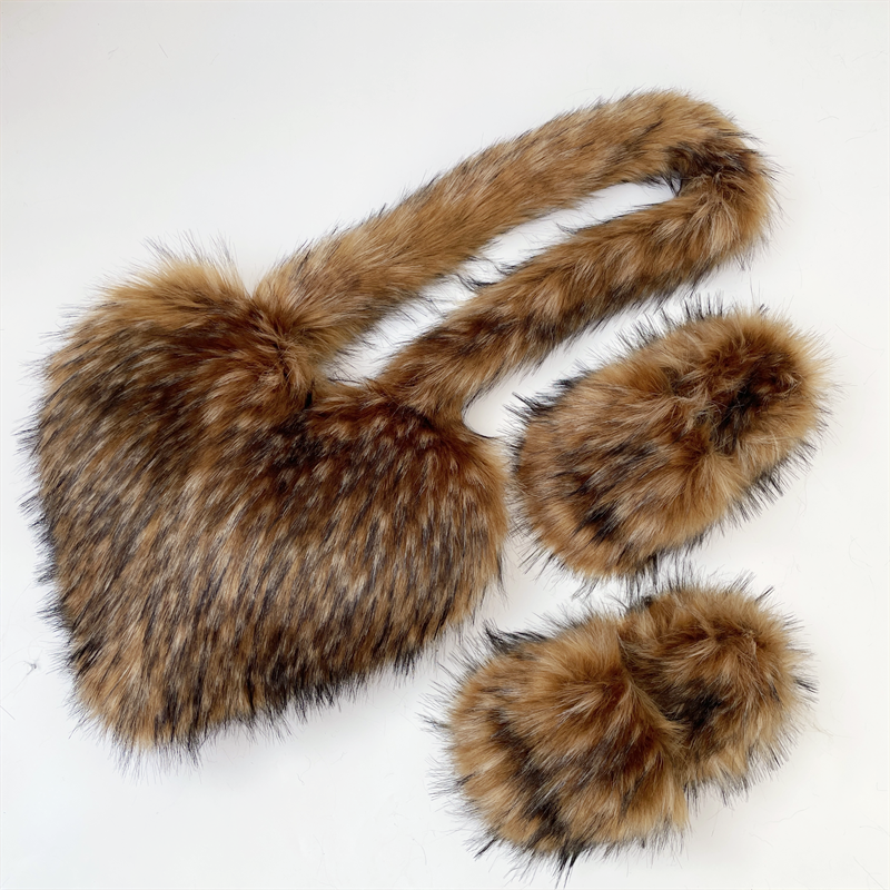 PVC Faux Raccoon Brown Teddy Fur Slides 2.0 Fox Fur Slippers and Heart Bag sets