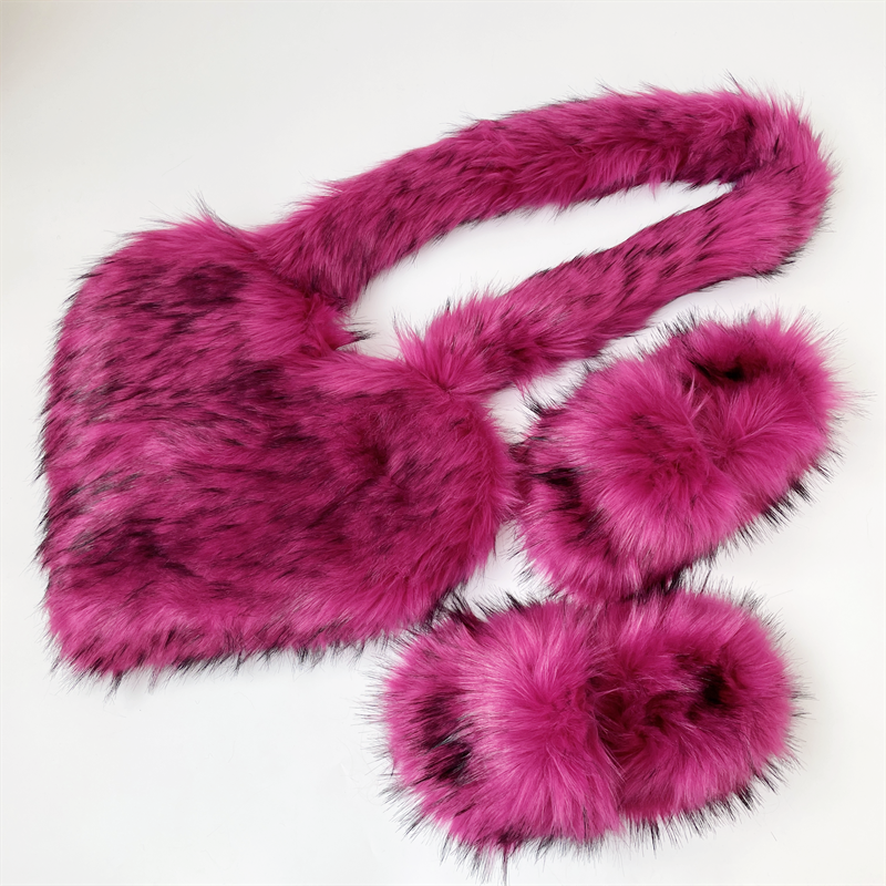 PVC Faux Raccoon Brown Teddy Fur Slides 2.0 Fox Fur Slippers and Heart Bag sets