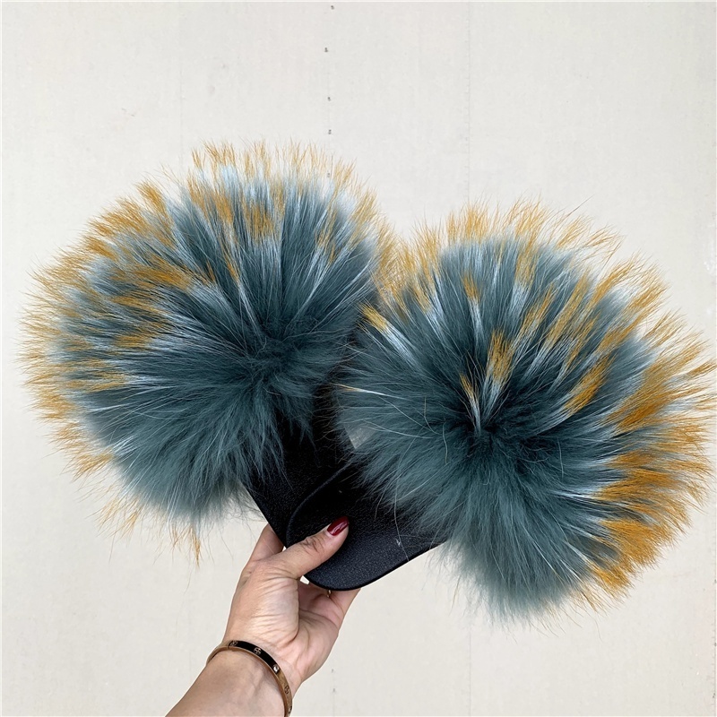 Women Large Raccoon Fur Slides Custom Extra Fluffy Full Fox Fur Slippers Natural Big Fur Slides