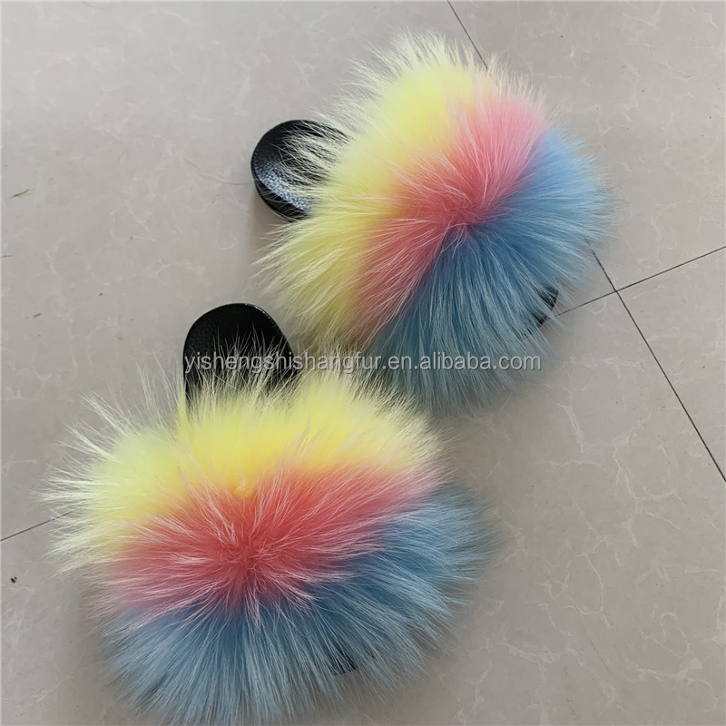 Women Large Raccoon Fur Slides Custom Extra Fluffy Full Fox Fur Slippers Natural Big Fur Slides