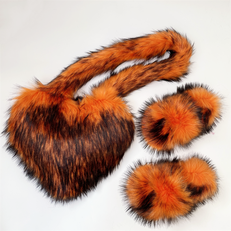 PVC Faux Raccoon Brown Teddy Fur Slides 2.0 Fox Fur Slippers and Heart Bag sets