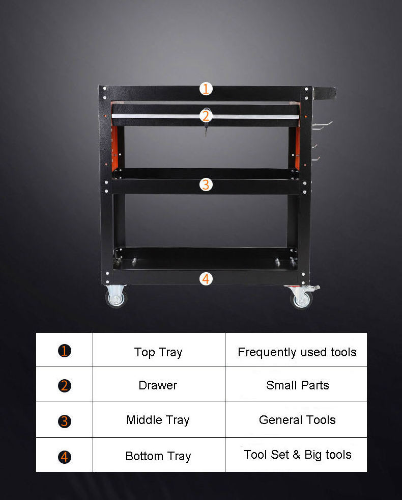 Three-Layer Rolling Auto Repair Tool Cart Hardware Trolley Mobile OEM Supported Workshop Cart with Wheels