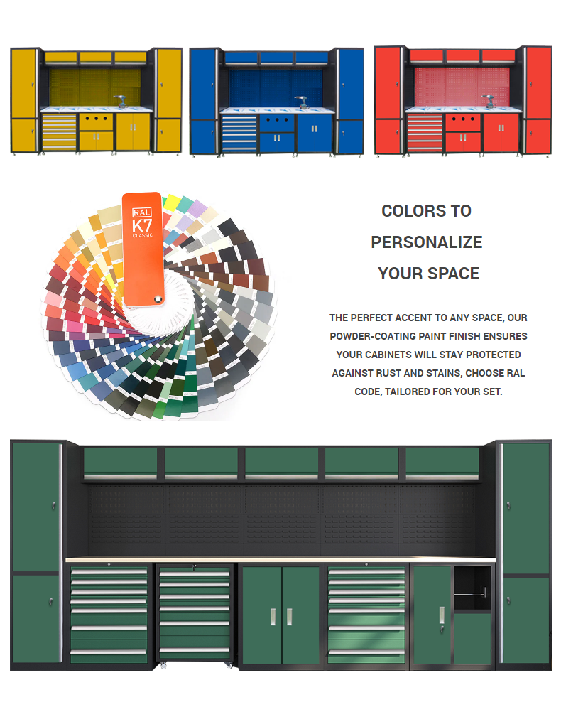 Modular Garage Workstation with Heavy-Duty Metal Steel Workbench 7 Drawers Storage Cabinets for Garage Tool Storage