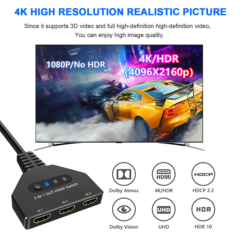 Factory price HDMI Switch with cable 3 input 1 output 3x1 4k  HDMI Adapter