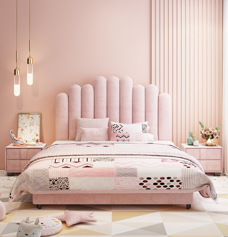 INS style modern minimalist pink princess king size bedroom double soft bed