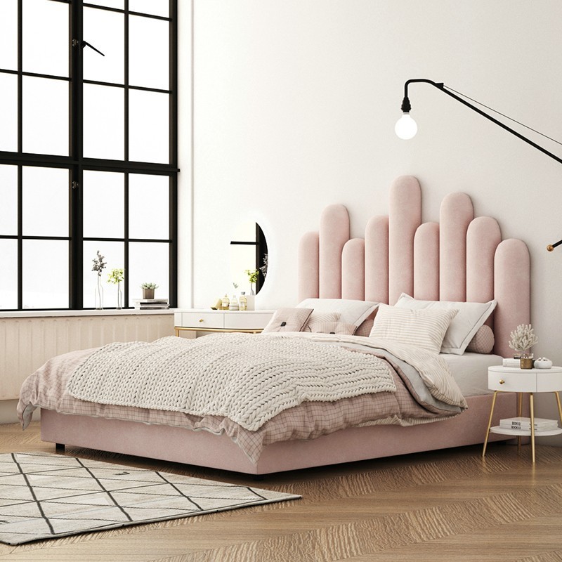 INS style modern minimalist pink princess king size bedroom double soft bed