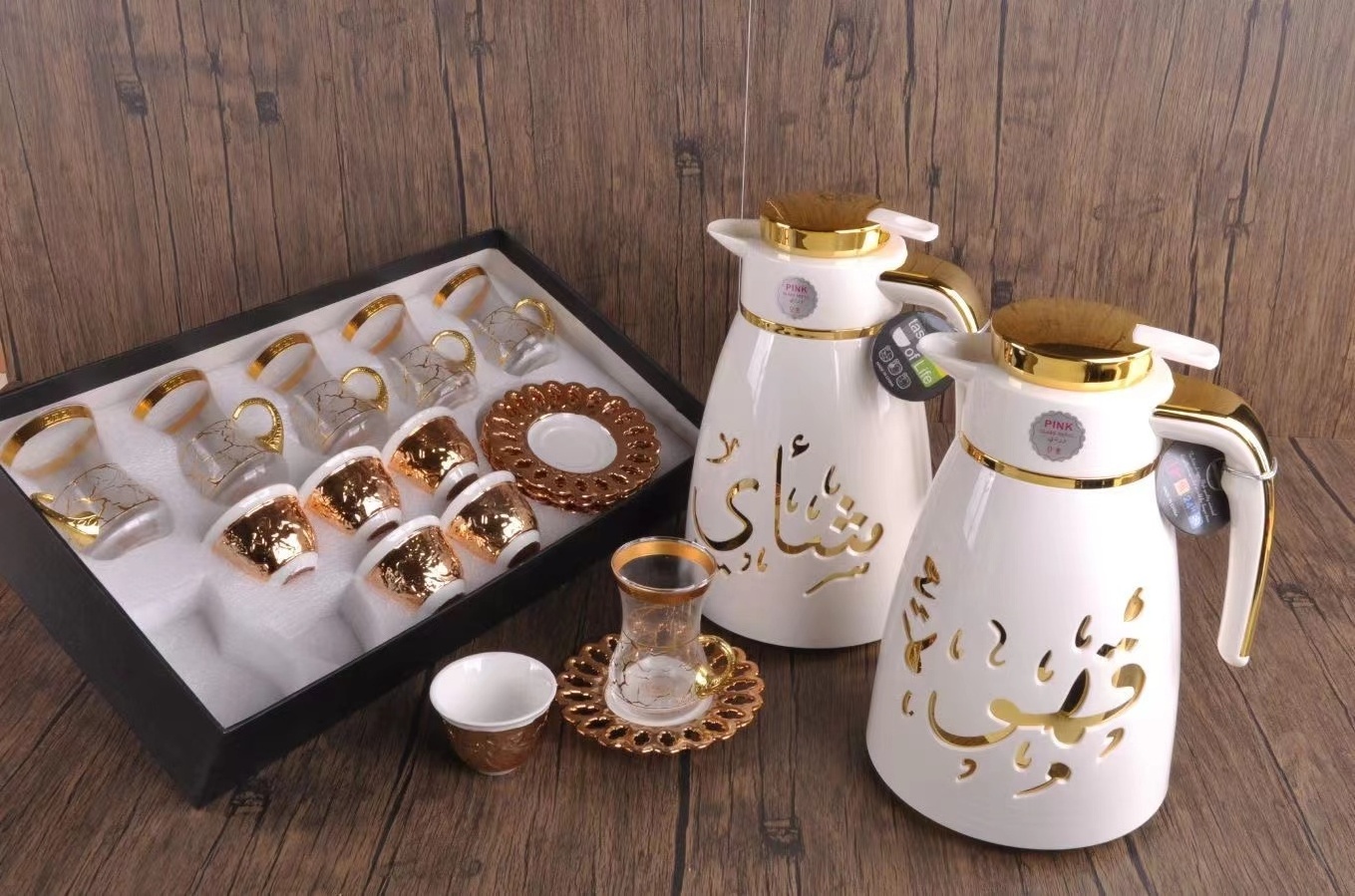 Customized 1L Arabic Arab Thermal Thermos Tea Vacuum Tea Thermos Arabic Coffee Pot With Glass Inner and cups sets