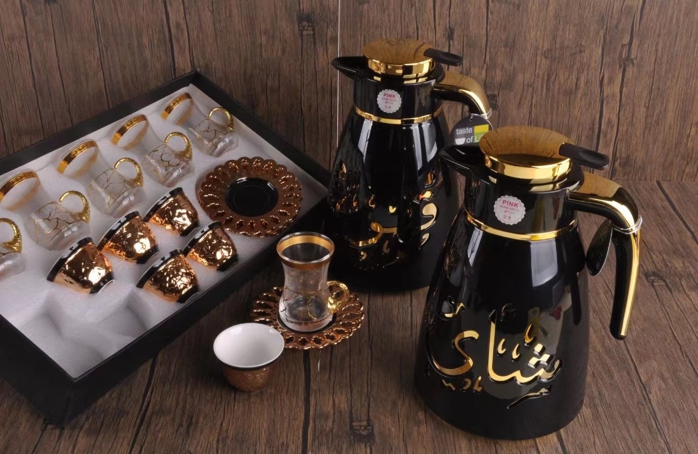 Customized 1L Arabic Arab Thermal Thermos Tea Vacuum Tea Thermos Arabic Coffee Pot With Glass Inner and cups sets