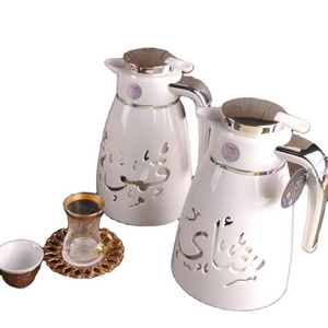 Customized 1L Arabic Arab Thermal Thermos Tea Vacuum Tea Thermos Arabic Coffee Pot With Glass Inner and cups sets