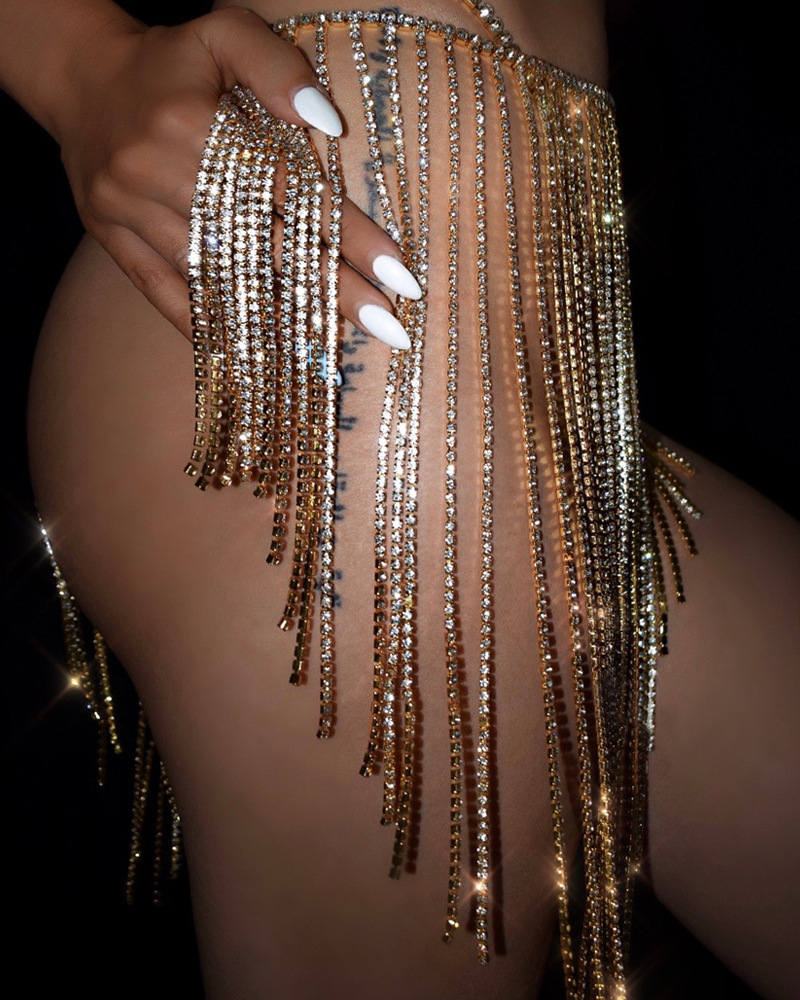 Party sexy full diamond belly dance fringe waist chain Shiny long personality rhinestone tassel body chain