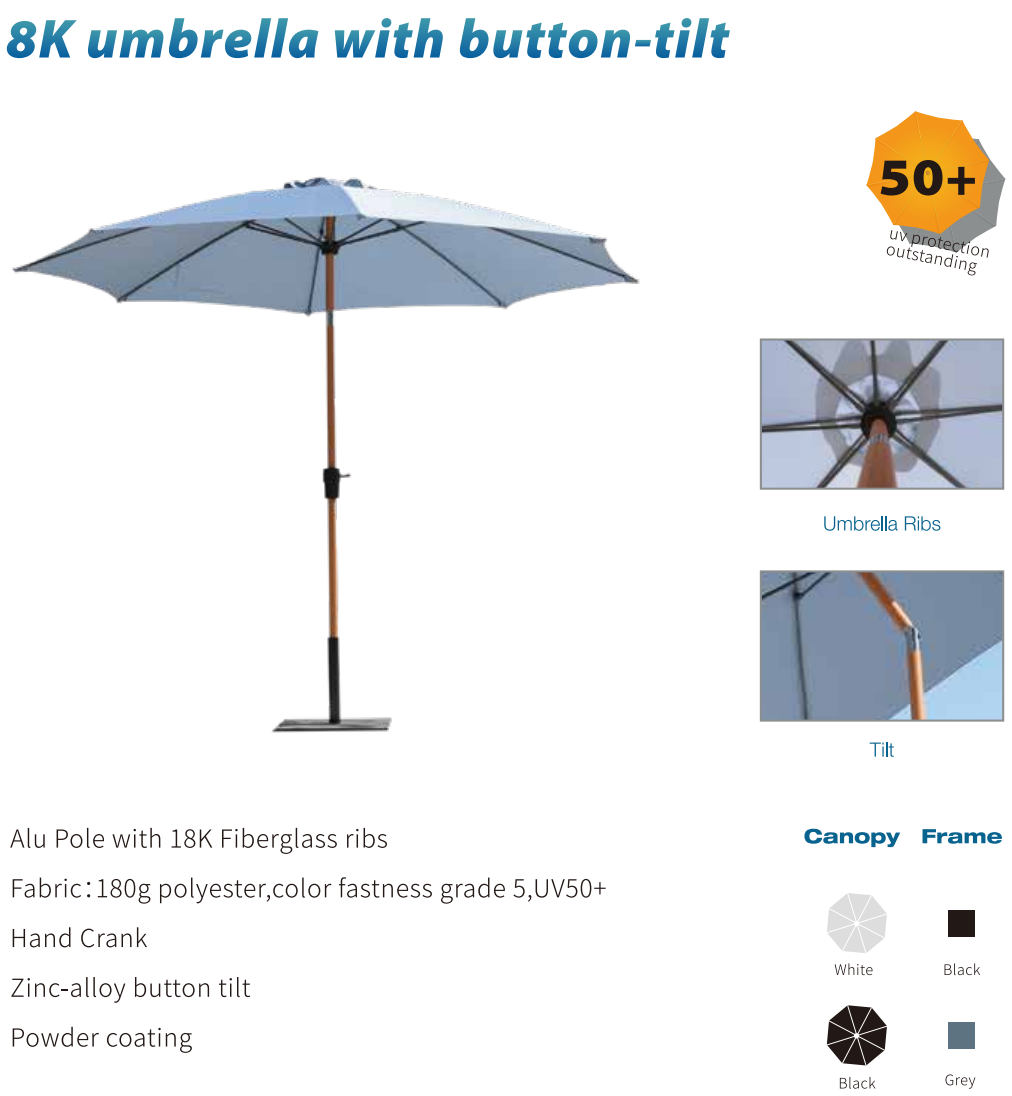 Chinese Customized Outdoor Garden Wooden Grain Pole Beach Umbrella Parasol with 18K Fiberglass Ribs