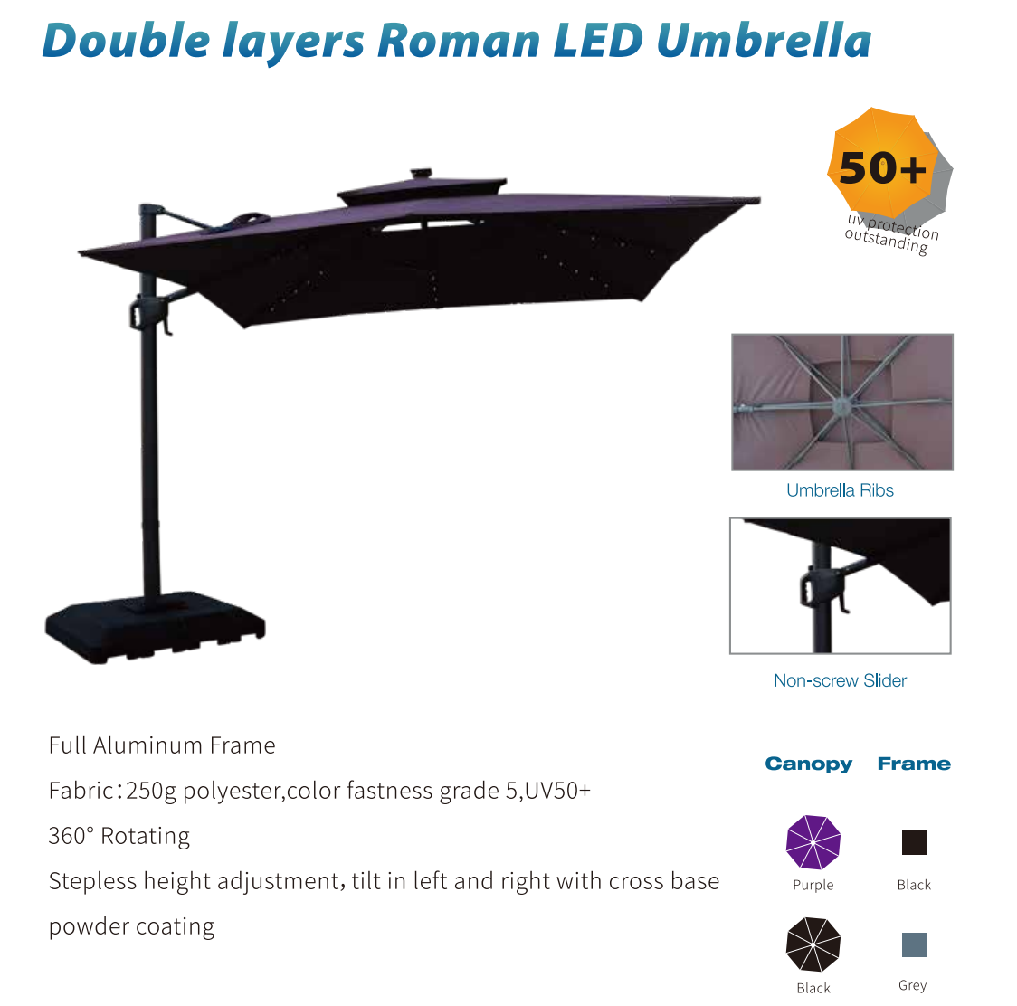 Aluminum Furniture Large Cantilever Outdoor Sun tilting Garden Replacement patio Paraol Umbrella with led solar panel