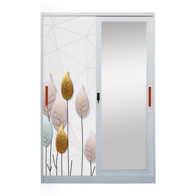 Metal Pattern Printed Sliding Door Cabinet Steel Wardrobes Mirror Almirah Lemari Pakaian Besi Steel Closet Metal Wardrobe Closet