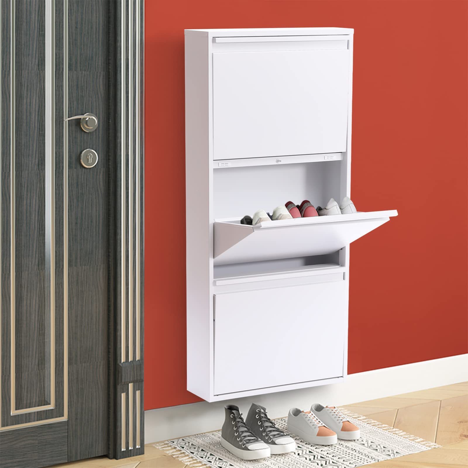 3-Drawers Storage Cabinet Wall Mounted Shoe Organizer, Metal Shoe Cabinet Hallway & Corridor, Flip Down Shoe cabinet for Home