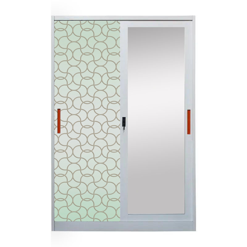 Metal Pattern Printed Sliding Door Cabinet Steel Wardrobes Mirror Almirah Lemari Pakaian Besi Steel Closet Metal Wardrobe Closet