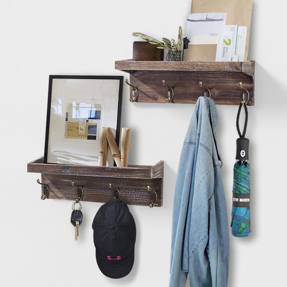 Floating Shelves Rustic Brown Wooden Floating Shelves Wall Shelf Storage Living Room Bathroom With 4 Durable Hangers