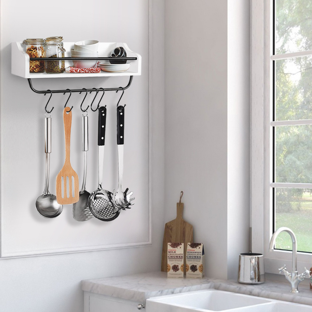 Simple Towel Bar Bathroom Kitchen Wall Rack Shelf Wood Wall Hanger Hook Wooden Wall Shelf With 6 Hooks