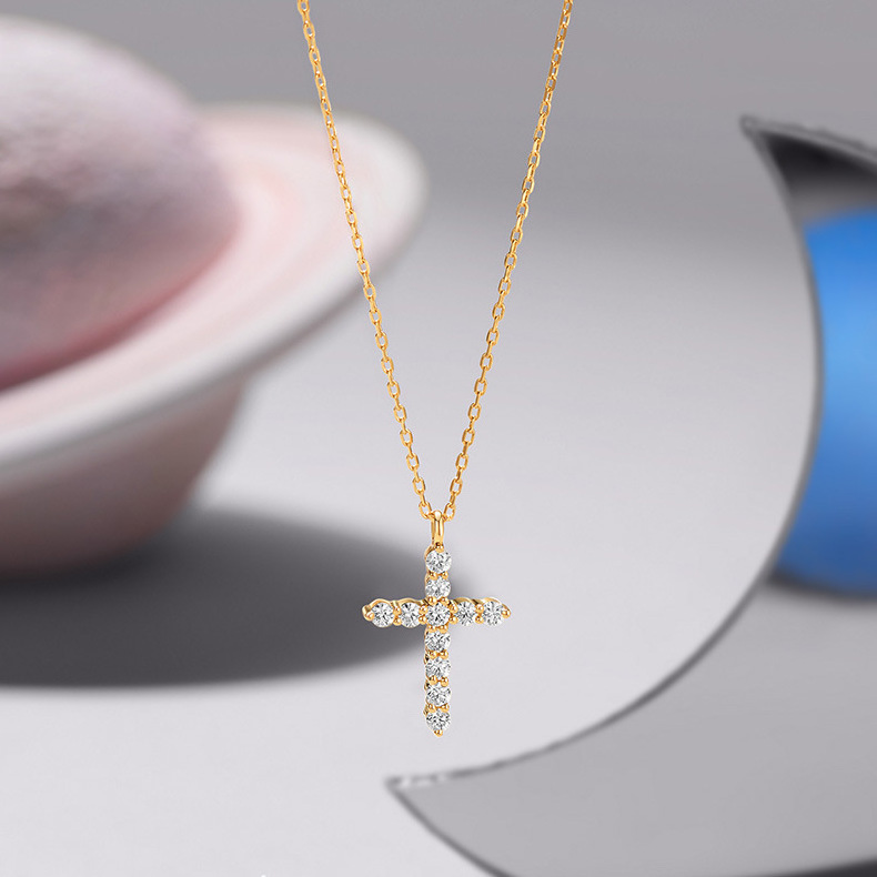 Custom 14K Gold Plated CZ Zirconia Cross Pendant Necklace S925 Sterling Silver Crystal Christian Necklace For Women YF3043