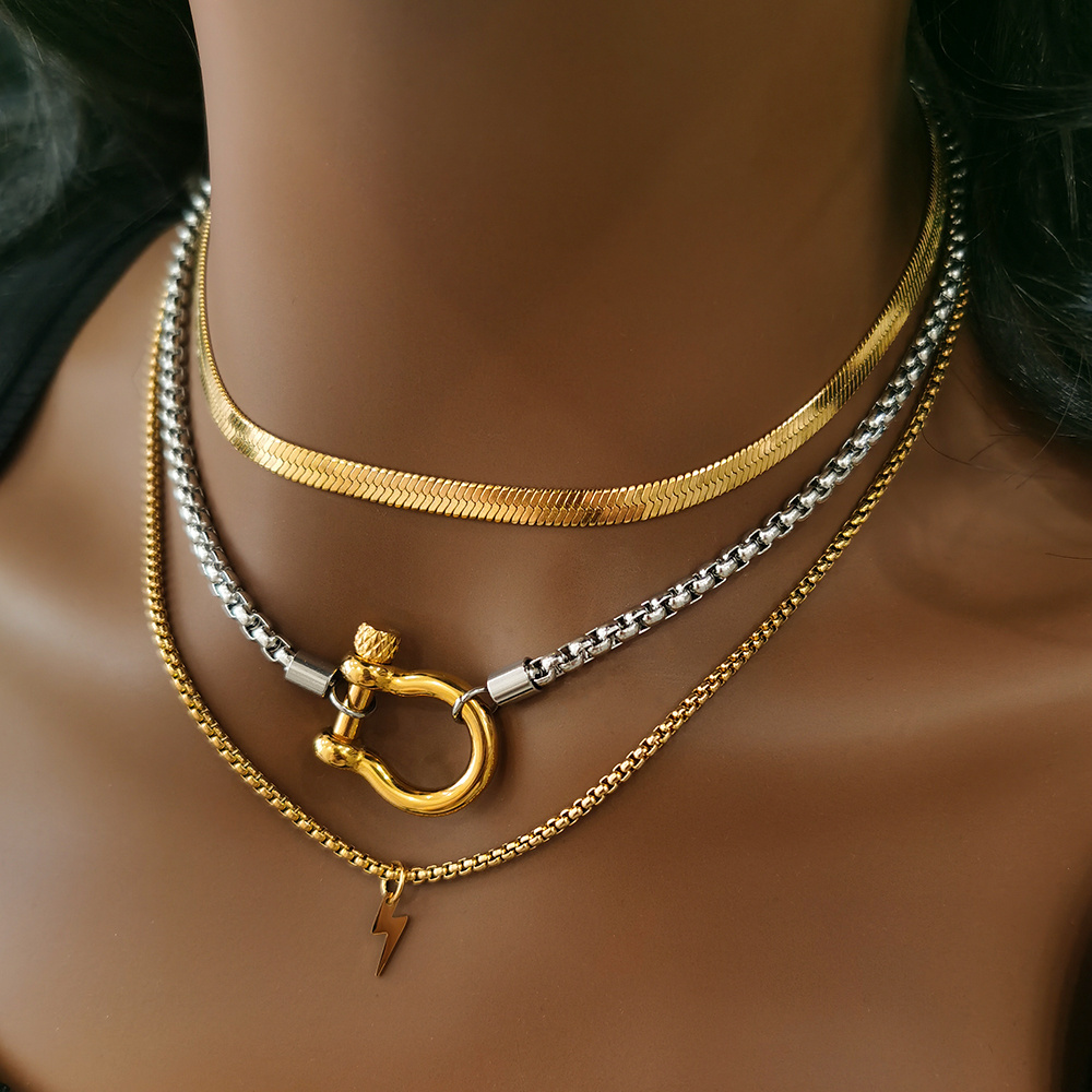 Waterproof Jewelry 18K Gold Plated Stainless Steel Box Chain Choker Necklace  Double Color Chunky Horseshoe Necklace YF3097