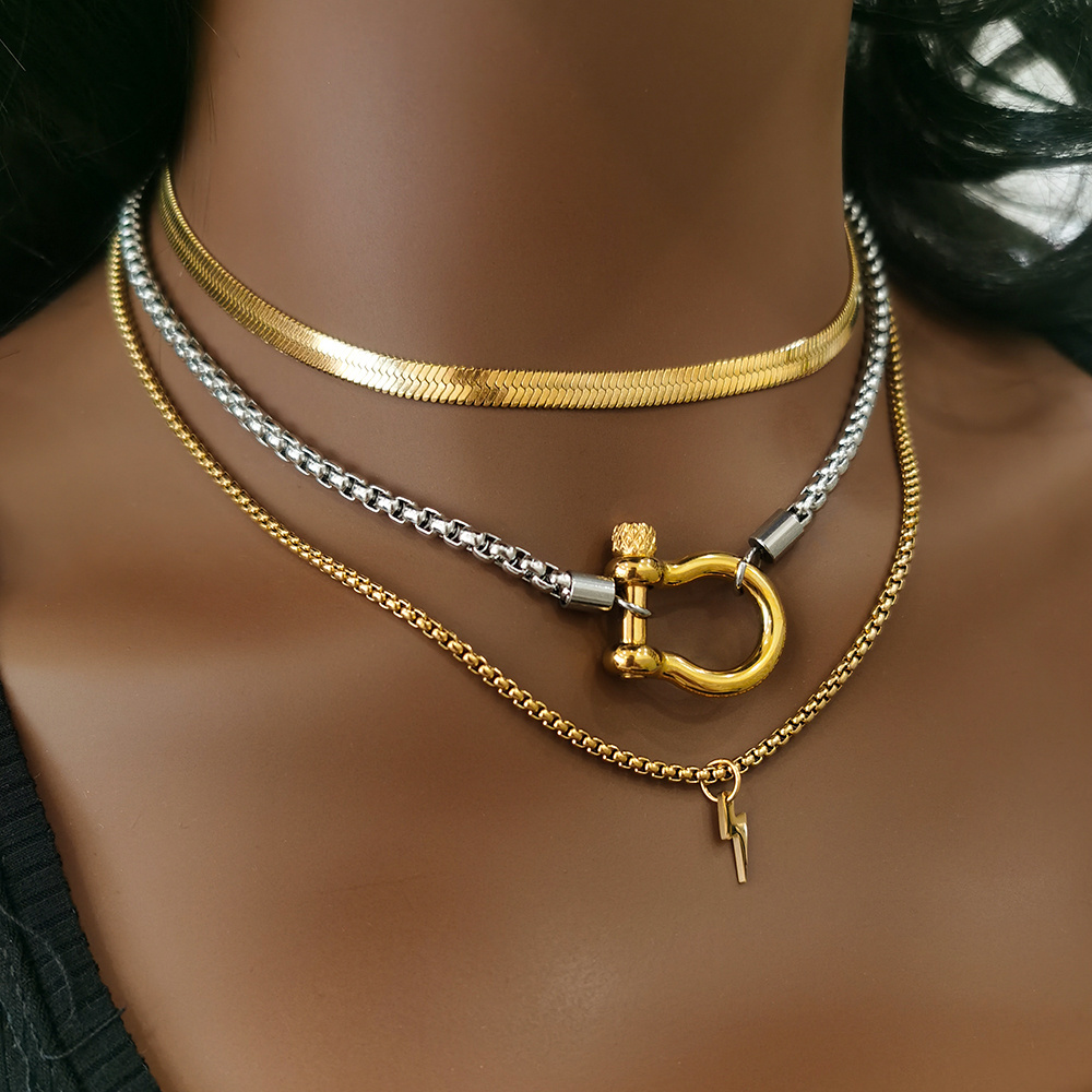 Waterproof Jewelry 18K Gold Plated Stainless Steel Box Chain Choker Necklace  Double Color Chunky Horseshoe Necklace YF3097