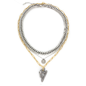 Multi Layered Stainless Steel Cuban Chains Queen Pendant 18k Gold Plated Paper Clip Chain Lightning Charm Necklace YF3620