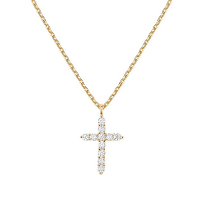 Custom 14K Gold Plated CZ Zirconia Cross Pendant Necklace S925 Sterling Silver Crystal Christian Necklace For Women YF3043