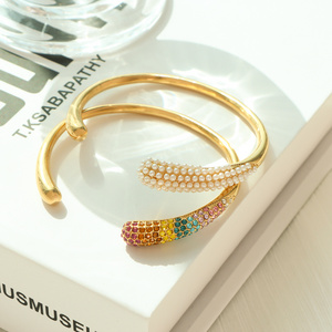 New Arrival Stainless Steel Dome Gold Open Bracelet 18k Gold Plated Small Imitation Pearl Colorful Zircon Cuff Bangle YF4049