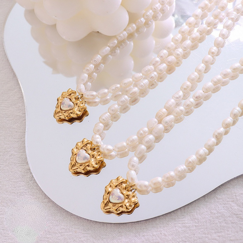 18K Gold Plated Irregular Hammered Heart Pendant Freshwater Pearl Necklace Trendy Wholesale Necklaces Stainless Steel YF2680