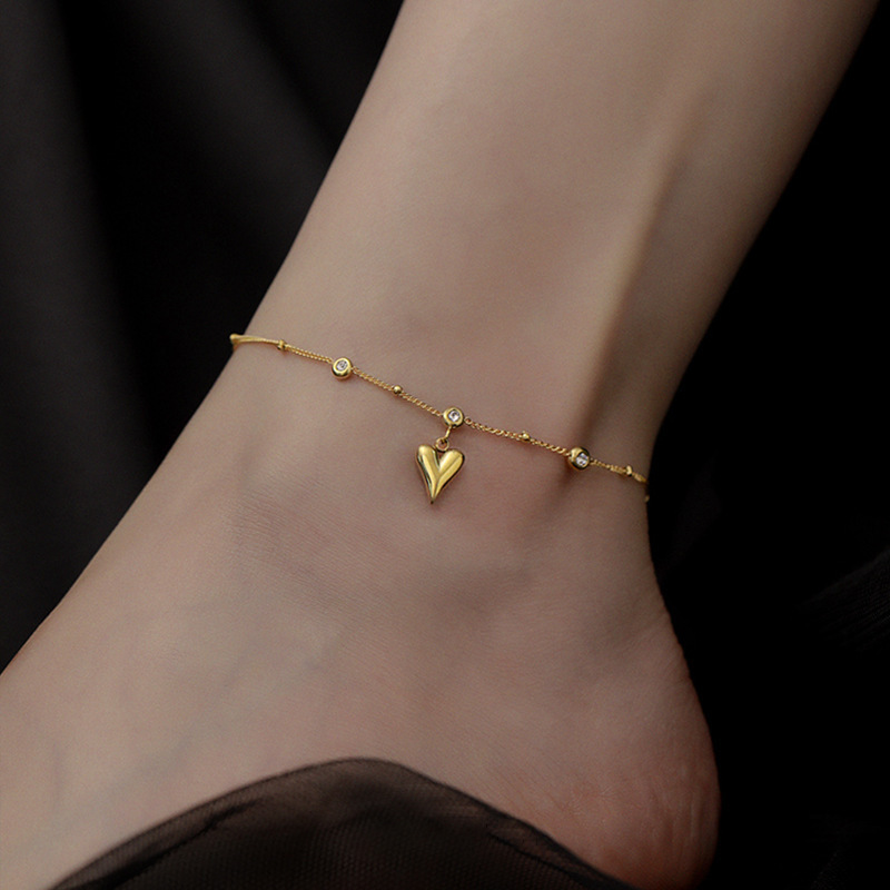 Waterproof Stainless Steel Jewelry 18k Gold Plated Cubic Zirconia Bead Link Chain Heart Shape Charm Anklet For Women YF3064