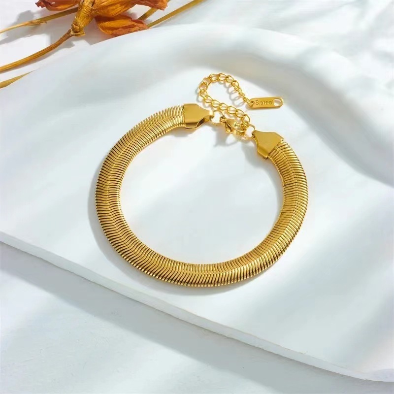 Fashion 8mm Stainless Steel 18k Gold Plated Filled Thick Wide Flexible Flat Snake Chain Chunky Herringbone Chain Necklace YF3208