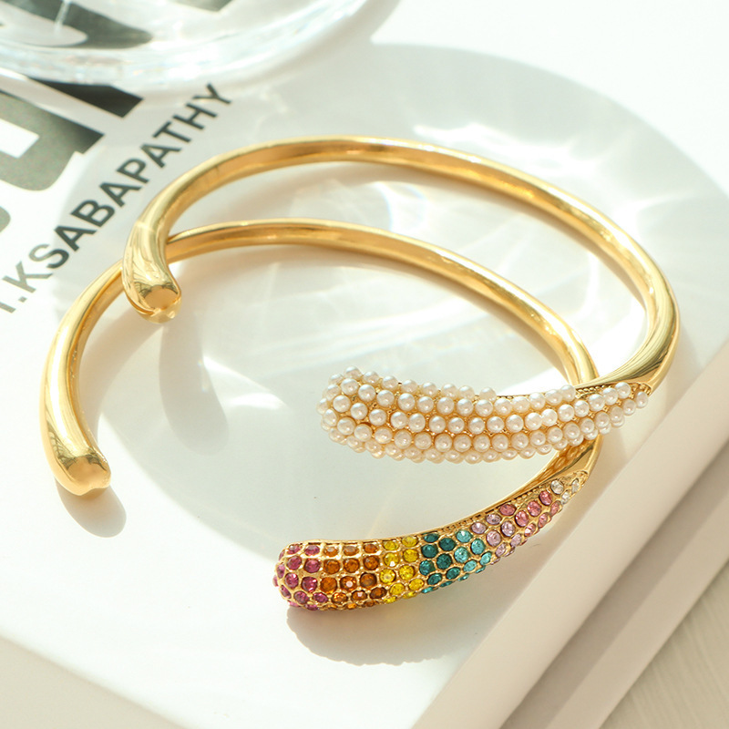 New Arrival Stainless Steel Dome Gold Open Bracelet 18k Gold Plated Small Imitation Pearl Colorful Zircon Cuff Bangle YF4049