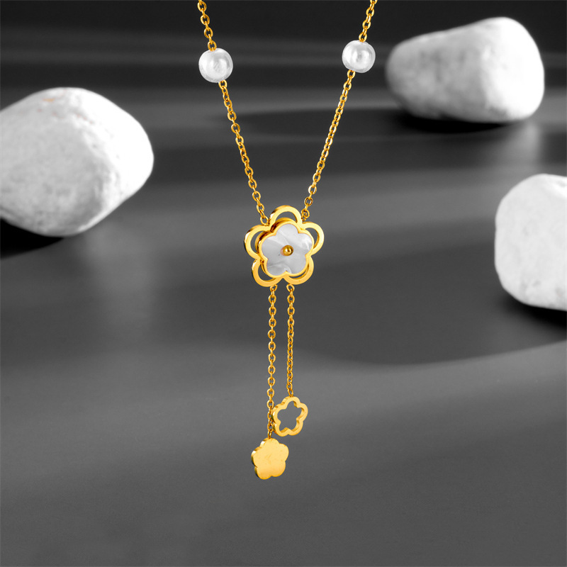 2023 Fashion Waterproof Jewelry 18K Gold Plated Shell Flower Stainless Steel Pendant Necklace For Women YF3618