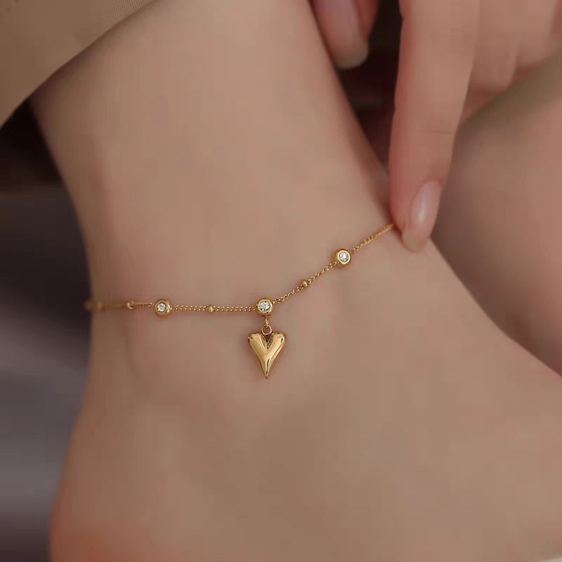 Waterproof Stainless Steel Jewelry 18k Gold Plated Cubic Zirconia Bead Link Chain Heart Shape Charm Anklet For Women YF3064