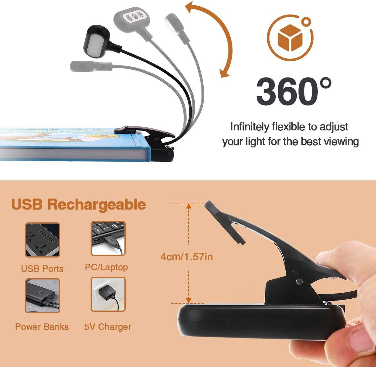 USB Read Book Lights For Kids Reading In Bed Rechargeable Dimmable Reading Light Lamp Flexible Clip Book Led Light