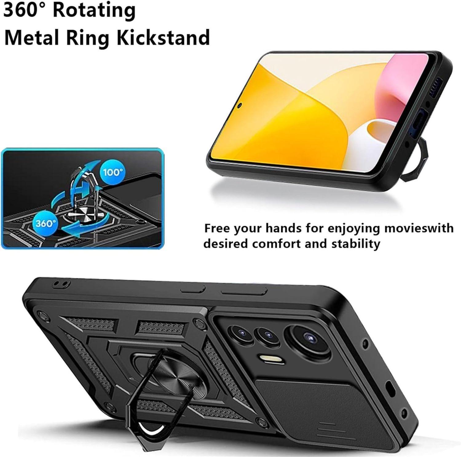 Heavy Duty Protective Camera Slide Lens Cover For Xiaomi POCO X6 PRO 5G M6 Pro 4G 360 Degree Finger Ring Stable Kickstand Case