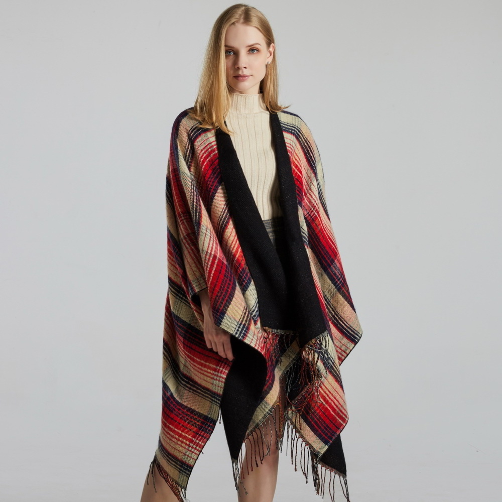 Fashion Open Front Plaid Poncho For Women Elegant Shawl Wrap Sweater For Fall Winter