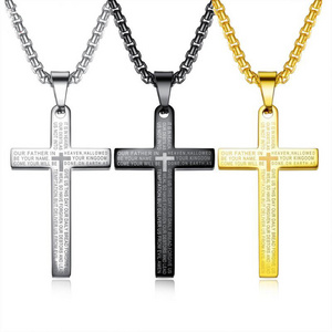 High Polished IP Gold Black Silver Plating Scriptures Engraved Stainless Steel Cross Pendant Necklace